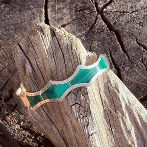 Vintage Sterling Silver Mexico Bracelet With Malachite Inlay Zigzag Design Hinge
